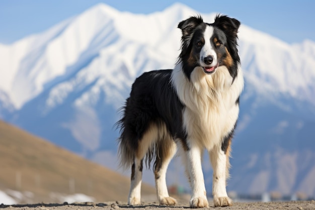 Un Border Collie debout sur le sommet d'une montagne