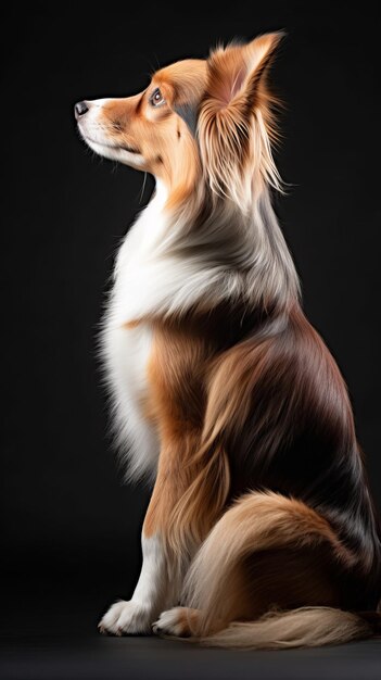 Un Border Collie est assis de profil avec un fond sombre