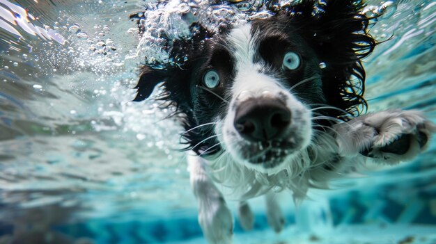 Photo border collie noir et blanc nageant sous l'eau