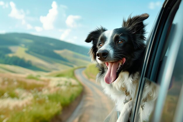 Photo border collie sortant la tête d'une fenêtre de voiture sur la route