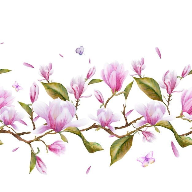 Border floral à l'aquarelle sans couture avec des feuilles vertes et des brindilles avec des fleurs de magnolia Illustration à l'eau dessinée à la main