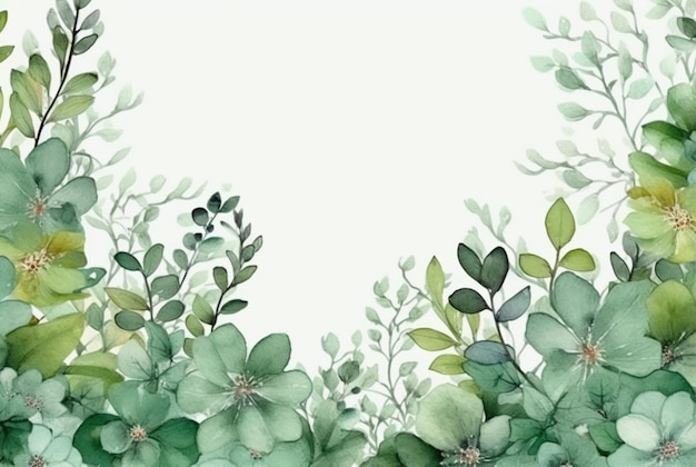 Border floral à l'aquarelle sans couture avec des feuilles vertes générative ai