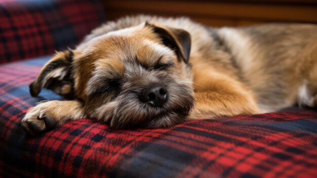 Photo border terrier chien endormi paisiblement sur un canapé en peluche et confortable