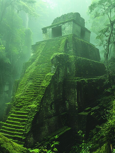 Photo les bords des pyramides mayas se brouillent dans une canopée de jungle la silhouette des structures se confond avec le feuillage