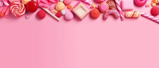 Bordure d'angle de bonbons Saint Valentin avec une variété de bonbons Voir ci-dessus sur un fond de papier rose