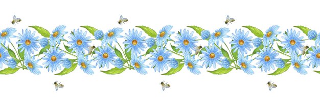 Bordure aquarelle ou bannière de marguerites et d'abeilles sur fond blanc