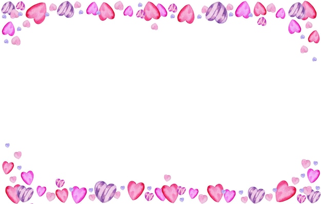 Bordure aquarelle avec coeur à thème de la saint-valentin main aquarelle dessiner couleur rose et lilas