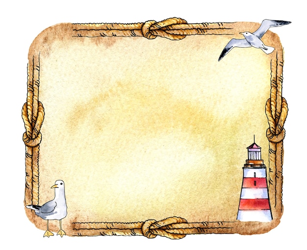 Bordure aquarelle texturée avec oiseau de mer de phare de câble et noeud sur vieux papier Croquis de dessin à la main