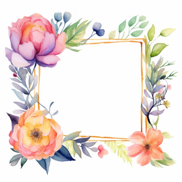 Bordure de cadre aquarelle avec fleur sur fond blanc Maquette de carte d'espace de copie vide