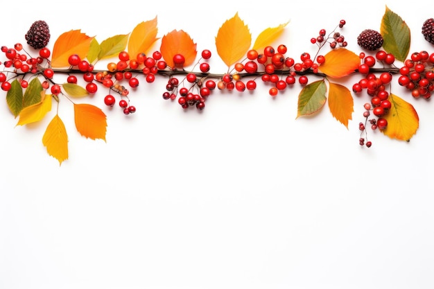 Bordure de cadre d'automne de feuilles et de baies sur fond blanc