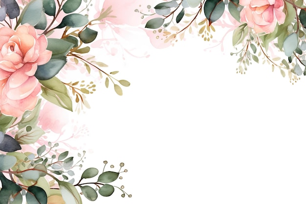 Bordure de cadre floral aquarelle avec des feuilles et des roses