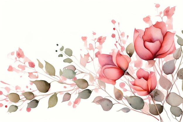 Bordure de cadre floral aquarelle avec des feuilles et des roses