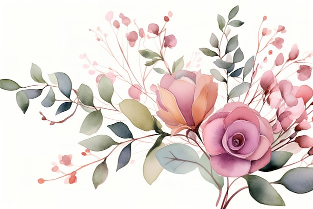 Photo bordure de cadre floral aquarelle avec des feuilles et des roses
