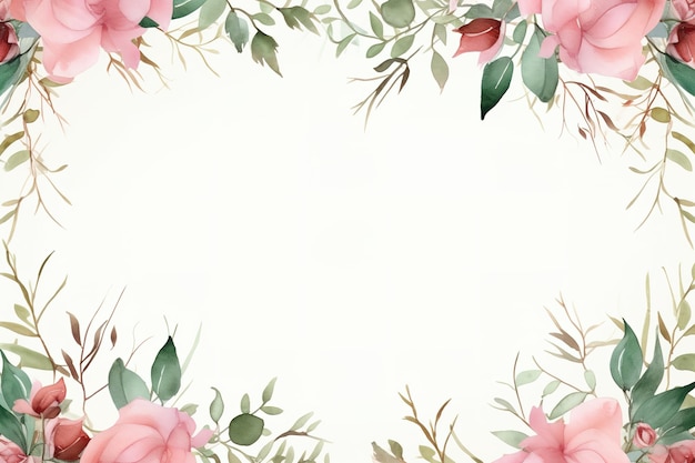 Bordure de cadre floral aquarelle avec des feuilles et des roses