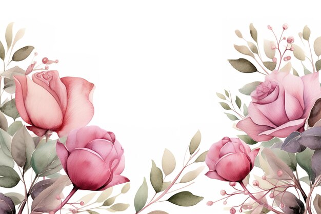 Bordure de cadre floral aquarelle avec des feuilles et des roses