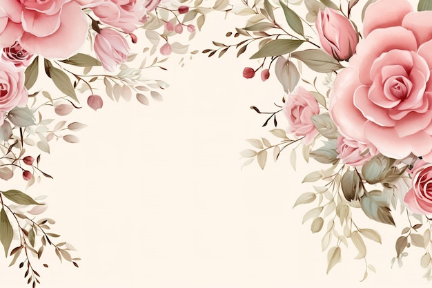 Bordure de cadre floral aquarelle avec des feuilles et des roses