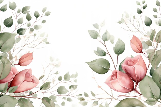 Bordure de cadre floral aquarelle avec des feuilles et des roses