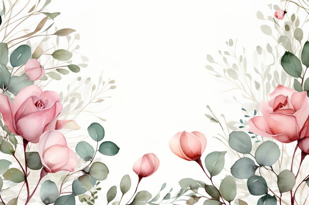 Photo bordure de cadre floral aquarelle avec des feuilles et des roses