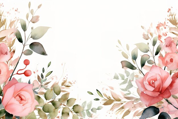 Bordure de cadre floral aquarelle avec des feuilles et des roses