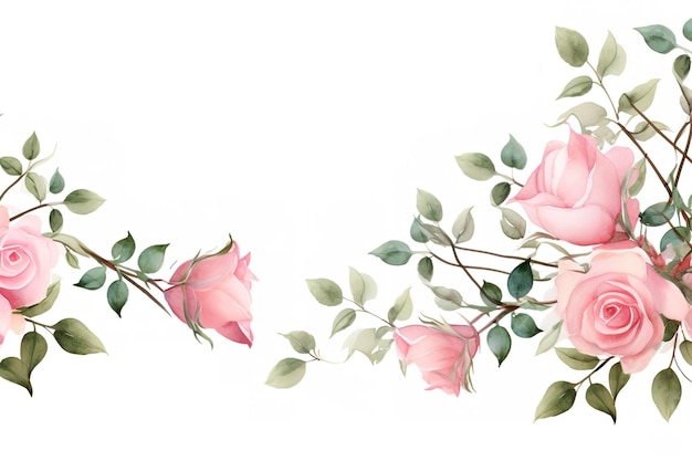 Photo bordure de cadre floral aquarelle avec des feuilles et des roses