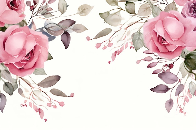 Bordure de cadre floral aquarelle avec des feuilles et des roses