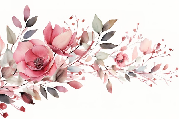 Bordure de cadre floral aquarelle avec des feuilles et des roses