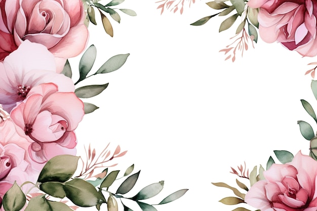 Bordure de cadre floral aquarelle avec des feuilles et des roses