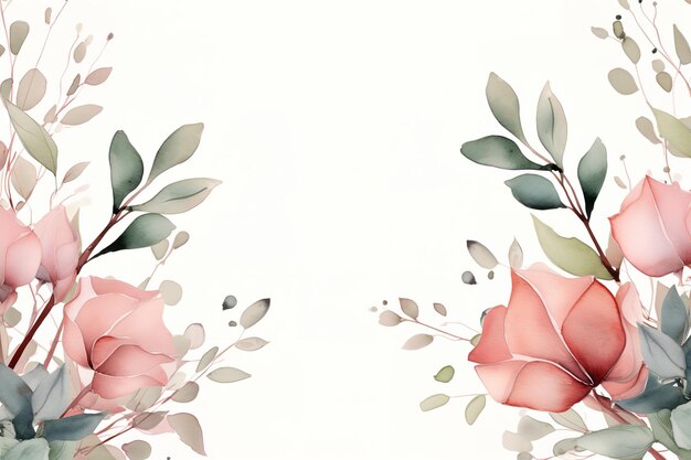 Photo bordure de cadre floral aquarelle avec des feuilles et des roses