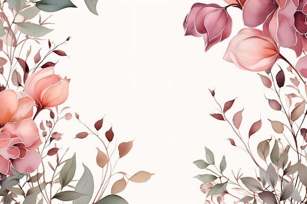 Photo bordure de cadre floral aquarelle avec des feuilles et des roses