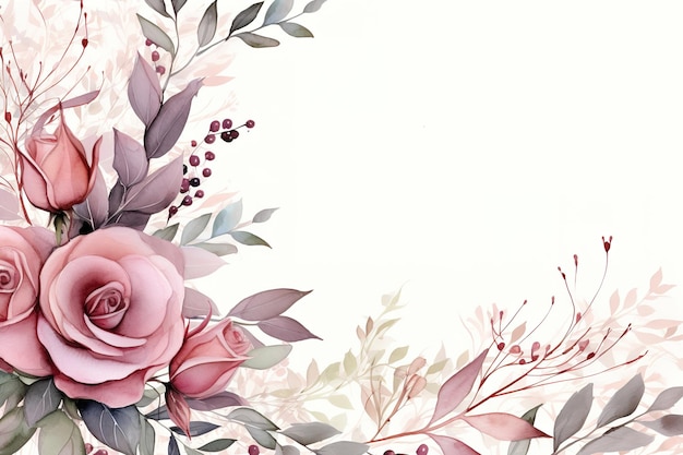 Bordure de cadre floral aquarelle avec des feuilles et des roses