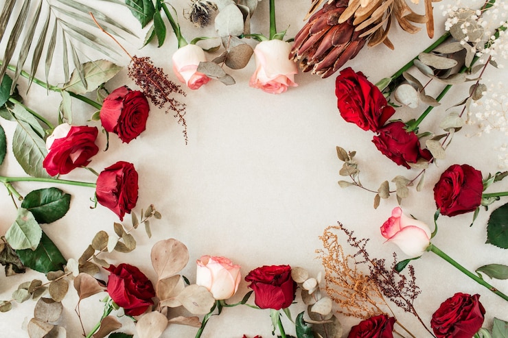 Photo bordure de cadre rond de fleurs roses roses, rouges, protea, feuille de palmier tropical, eucalyptus sur beige