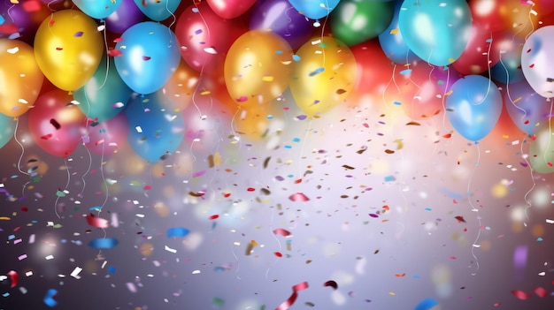 Bordure colorée avec composition de ballons et de confettis avec décor d'anniversaire