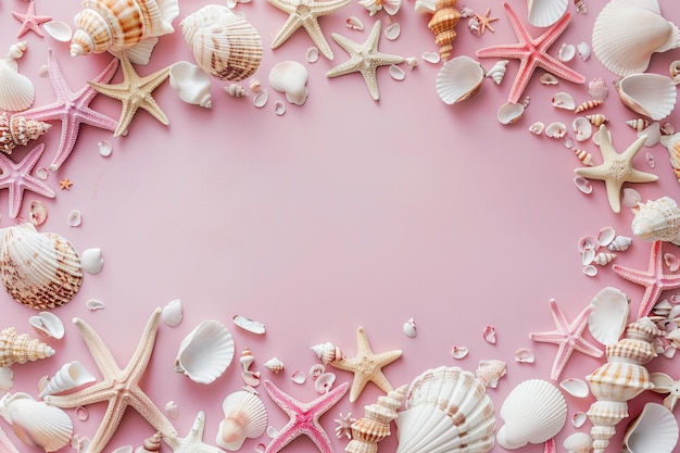 Photo une bordure délicate de coquillages et d'étoiles de mer disposées sur un fond rose doux