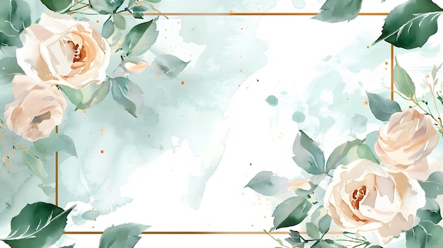Bordure dorée subtile avec des roses à l'aquarelle sur une toile verte étouffée