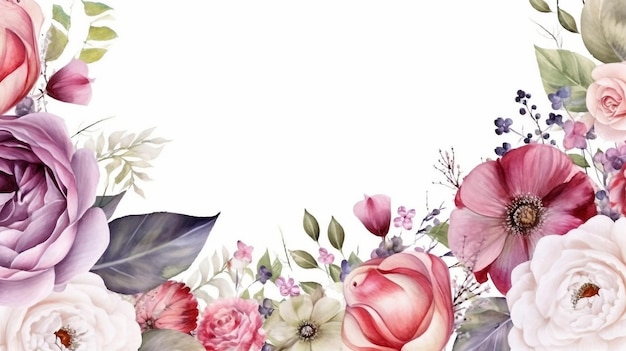 Bordure d'éléments naturels floraux fleur aquarelle sur fond transparent