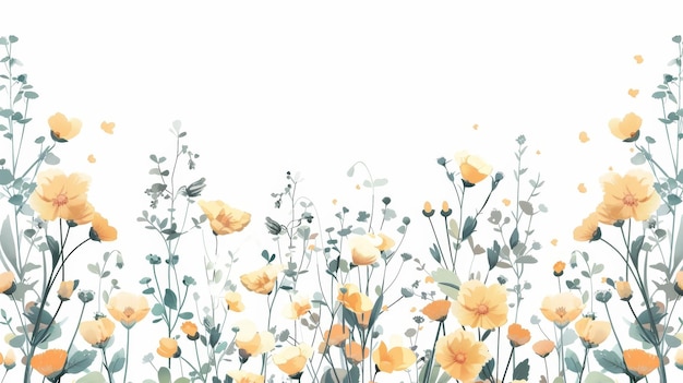 Bordure de fleur jaune sur un fond botanique horizontal Illustration florale plate isolée sur blanc