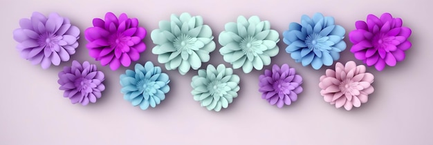 Une bordure de fleurs colorées avec des fleurs violettes, bleues et vertes.
