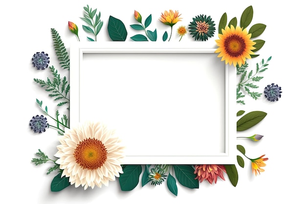 Bordure de fleurs et de plantes sur un cadre blanc vierge