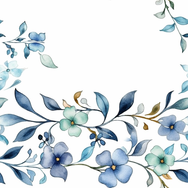 Bordure florale aquarelle avec des fleurs bleues sur fond blanc