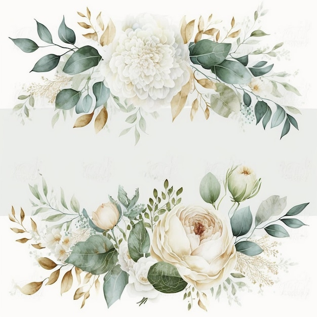 Une bordure florale à l'aquarelle avec des fleurs et des feuilles blanches.