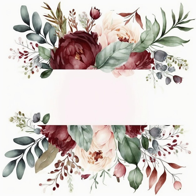 Une bordure florale aquarelle avec un fond blanc.