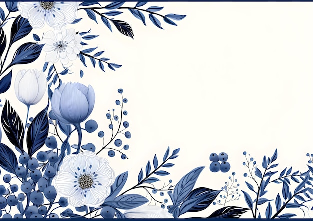 une bordure florale bleue et blanche avec des feuilles et des fleurs abstrait fond de feuillage de couleur marine avec