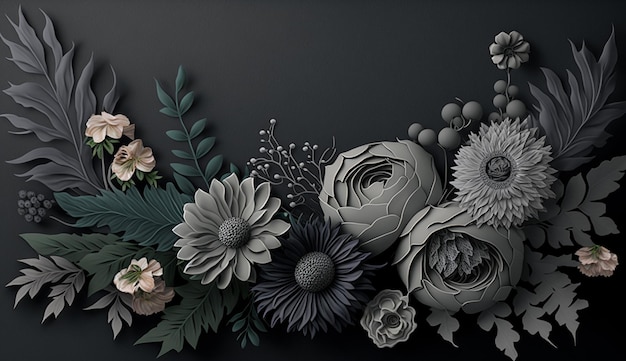 Bordure florale couleur gris et crème fond d'image de fleur généré par l'IA