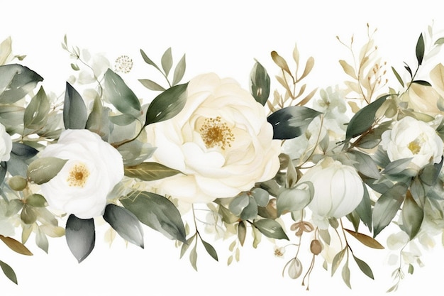 Une bordure florale avec des fleurs et des feuilles blanches.