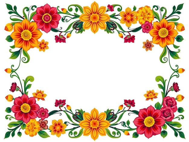 Bordure florale avec des fleurs jaunes, rouges et orange et des feuilles vertes
