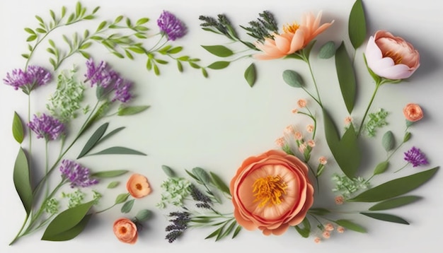 Une bordure florale avec des fleurs oranges et des fleurs violettes.