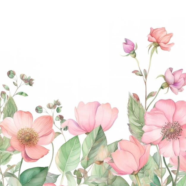 Bordure florale avec des fleurs roses et du feuillage Art botanique Aquarelle générée ai