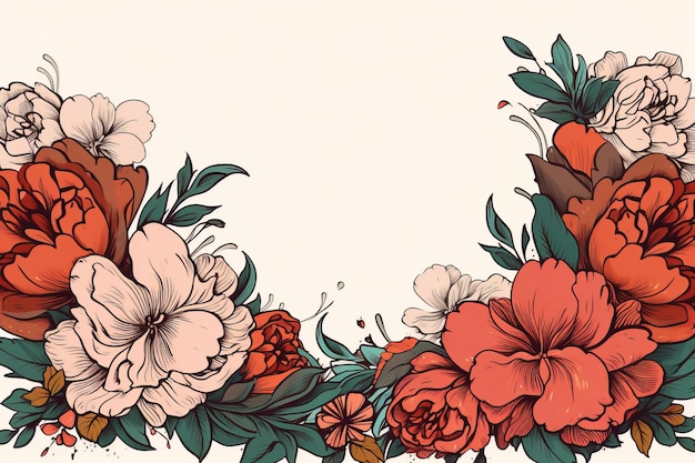 bordure florale avec des fleurs rouges et oranges sur un fond beige