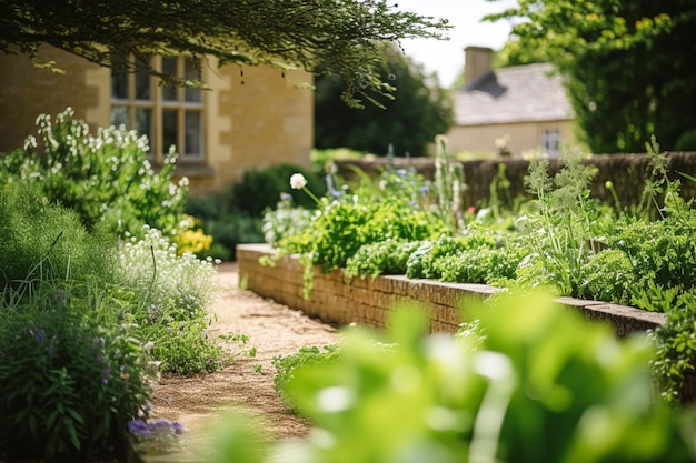 Bordure herbacée et jardin verdoyant en été près de la maison de campagne IA générative