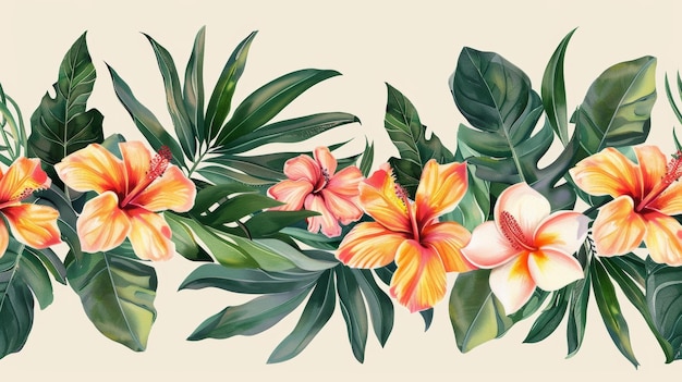 Avec une bordure homogène bordée de feuilles et de fleurs exotiques motif floral arrangements de mode avec des feuilles tropicales